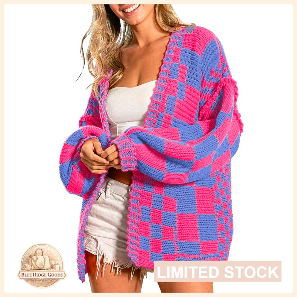 Vintage Checkered Cardigan Sweater Chunky Knit Open Front Long Sleeve